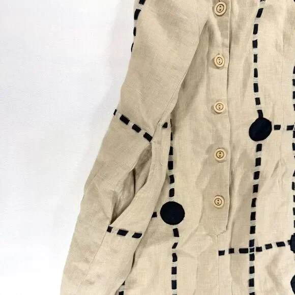 J Song Tan Linen Sleeveless Maxi Dress with Black Embroidery and Pockets, 12 - Picture 6 of 7